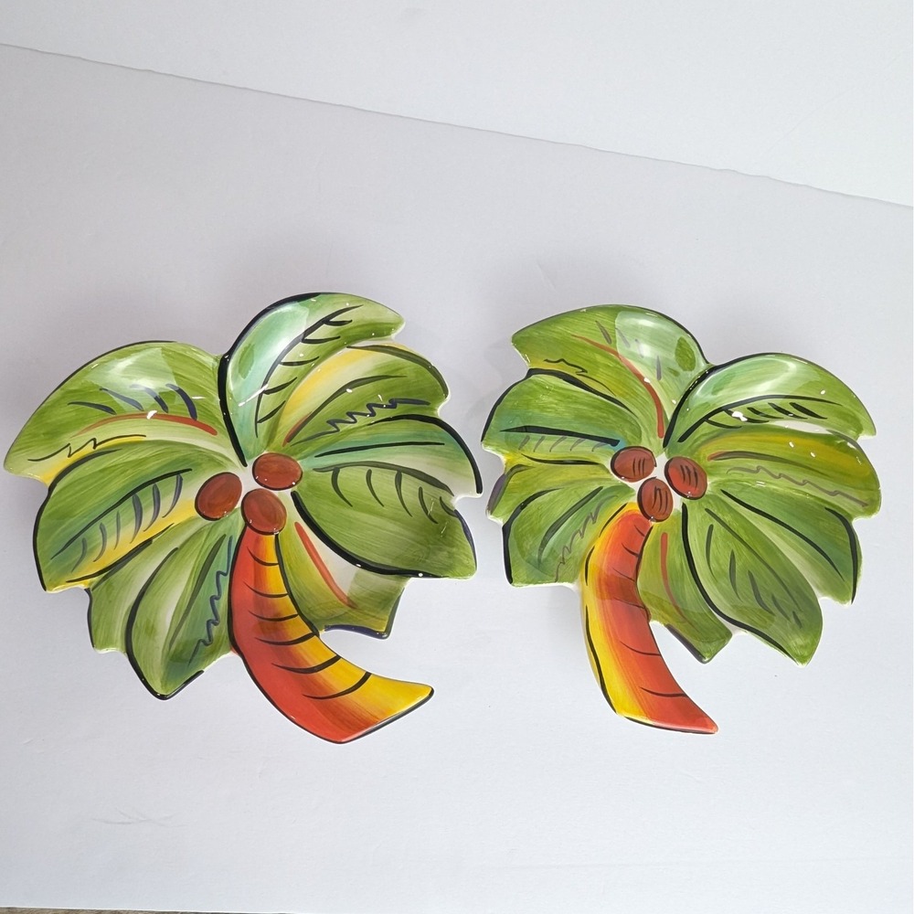 2 Clay Art Palm Tree Dishes Hand-Painted  Serving Plates Tropical Bowl 8x 8x 1.5